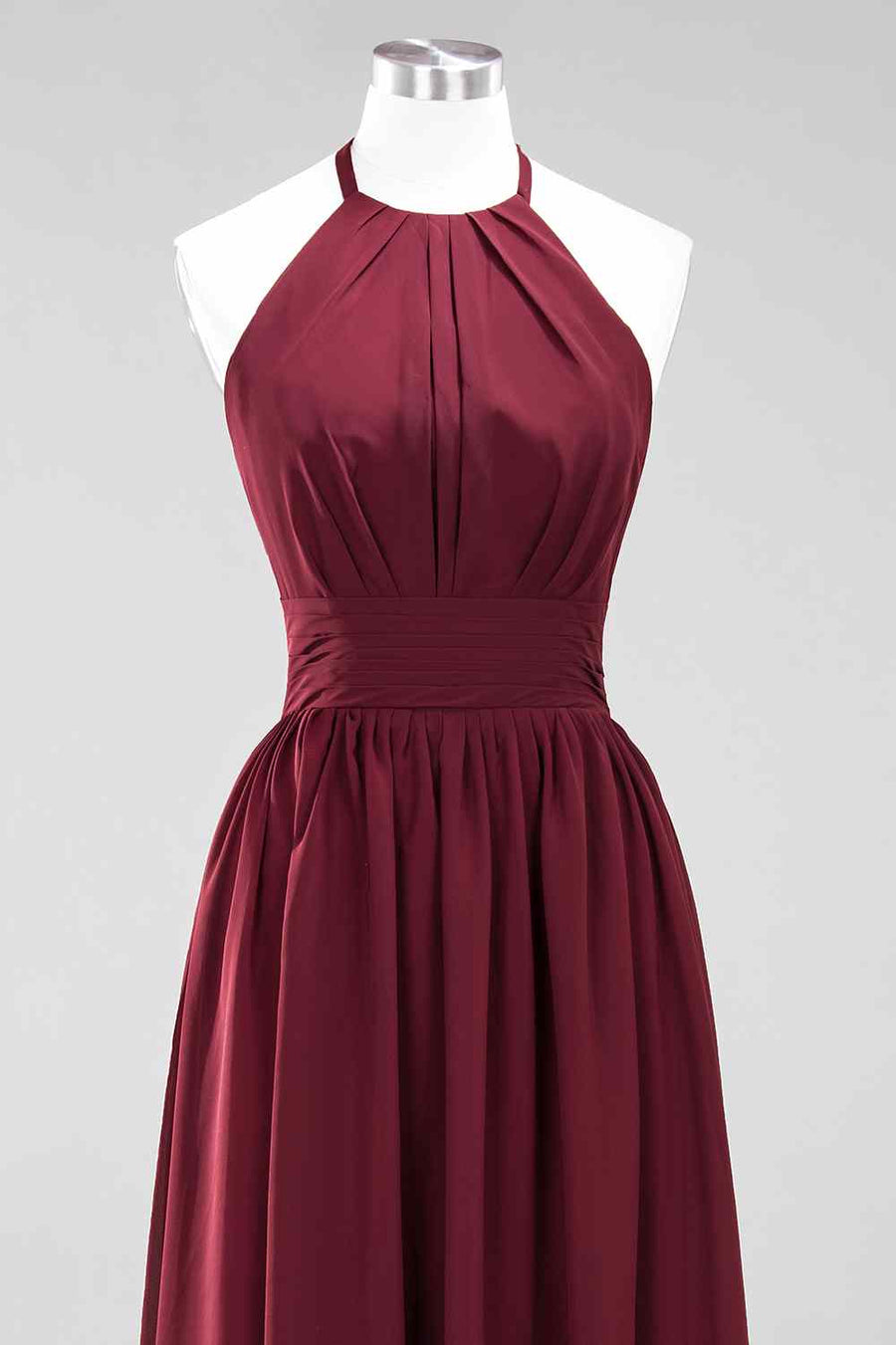 Burgundy A-line Halter Lace Straps Back Pleated Chiffon Long Bridesmaid Dress