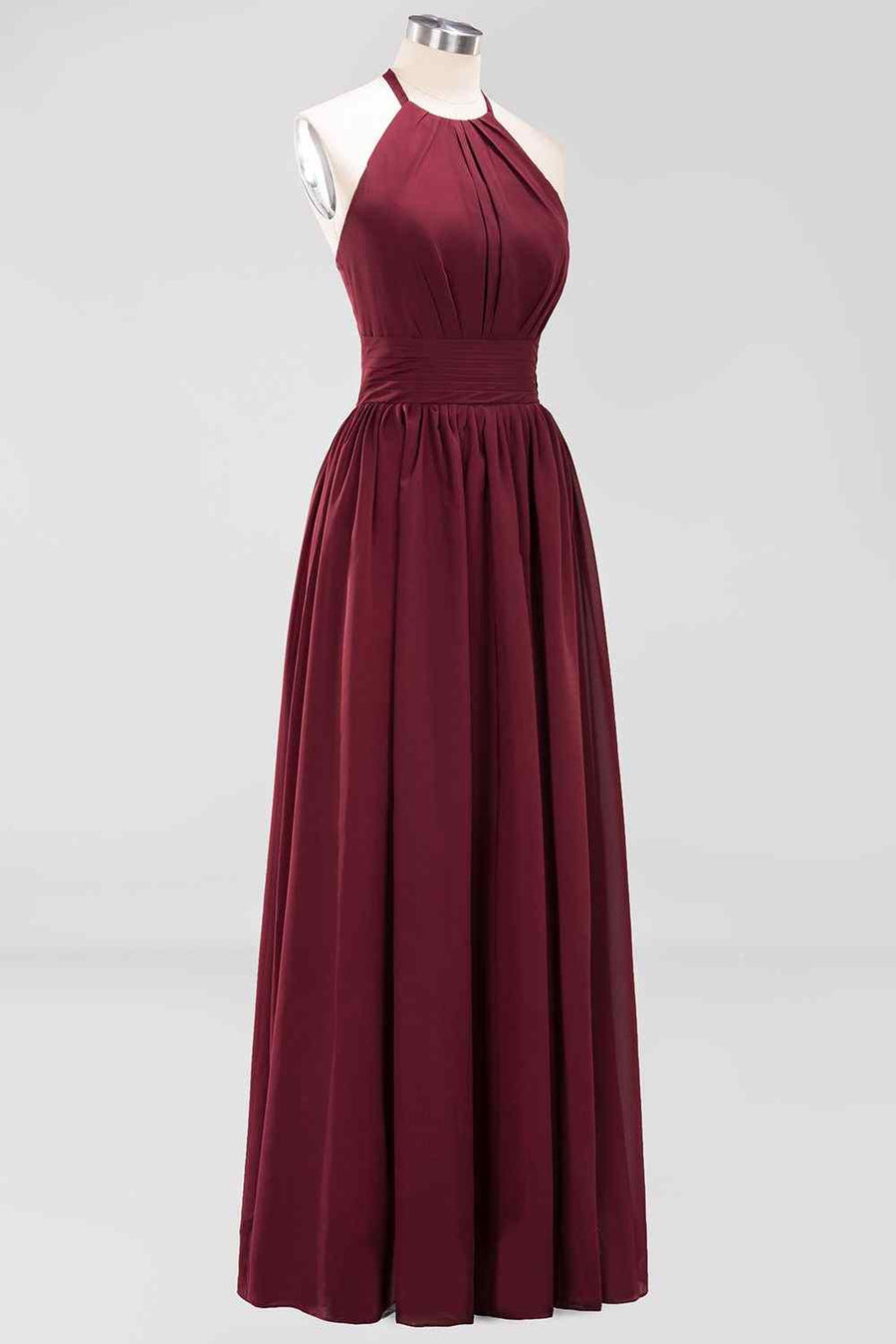 Burgundy A-line Halter Lace Straps Back Pleated Chiffon Long Bridesmaid Dress