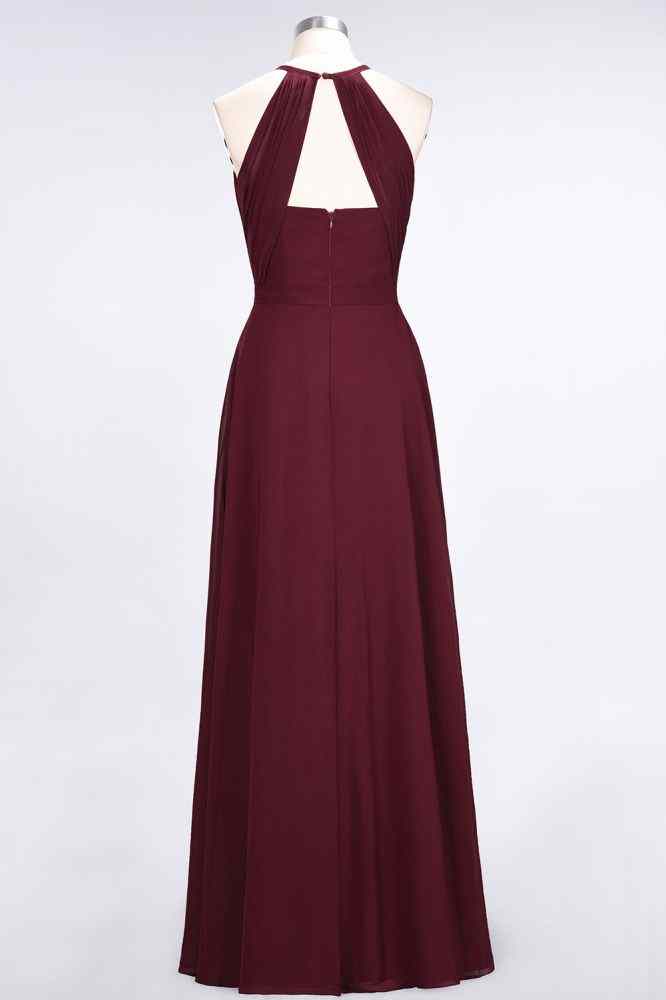 Burgundy A-line Halter Cut-Out Back Pleated Chiffon Long Bridesmaid Dress