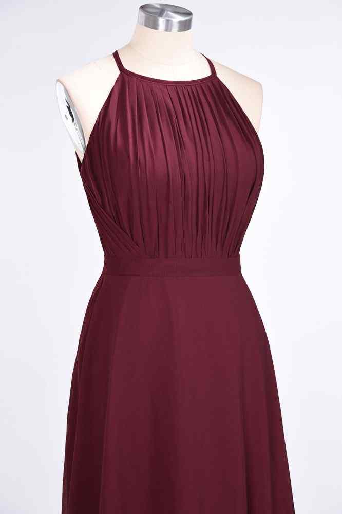 Burgundy A-line Halter Cut-Out Back Pleated Chiffon Long Bridesmaid Dress