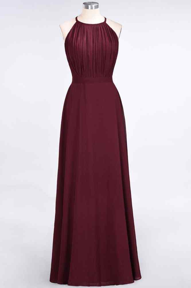 Burgundy A-line Halter Cut-Out Back Pleated Chiffon Long Bridesmaid Dress