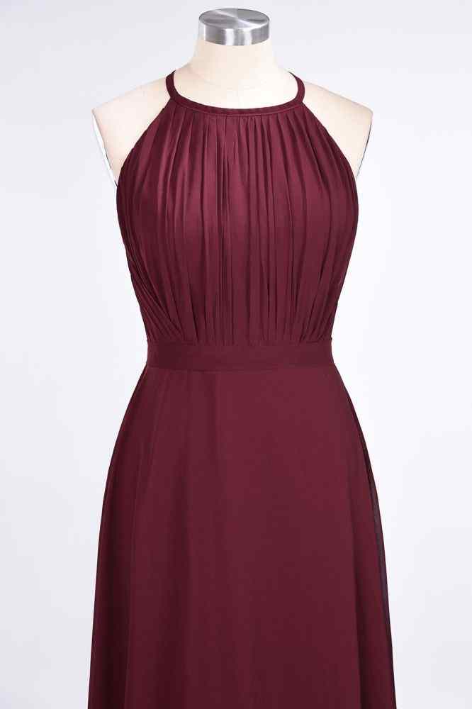 Burgundy A-line Halter Cut-Out Back Pleated Chiffon Long Bridesmaid Dress