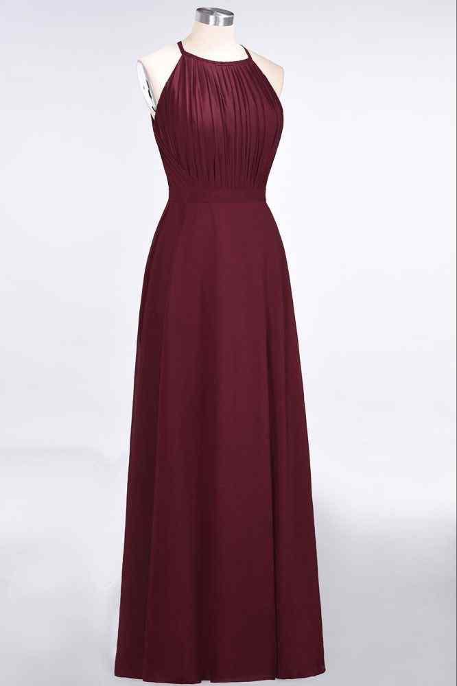 Burgundy A-line Halter Cut-Out Back Pleated Chiffon Long Bridesmaid Dress