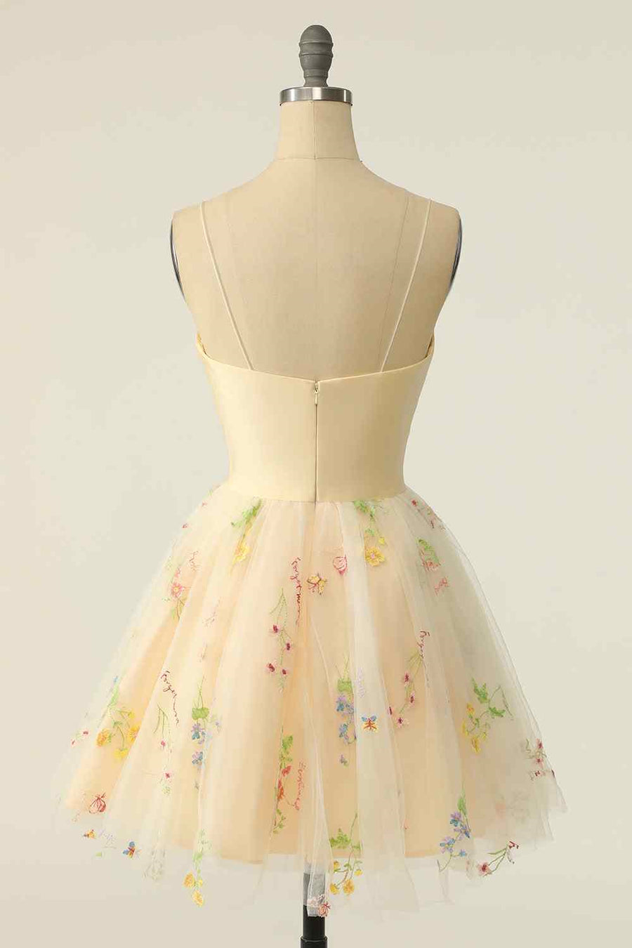 Light Yellow A-line Spaghetti Straps Appliques Tulle Mini Homecoming Dress Light Yellow / US 6 Light Yellow A-line Spaghetti Straps Appliques Tulle Mini Homecoming Dress Light Yellow / US 6
