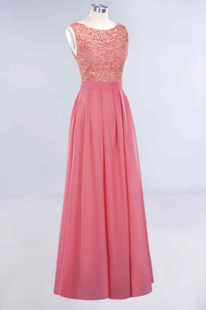 Pink A-line Sleeveless V Back Lace Chiffon Long Bridesmaid Dress