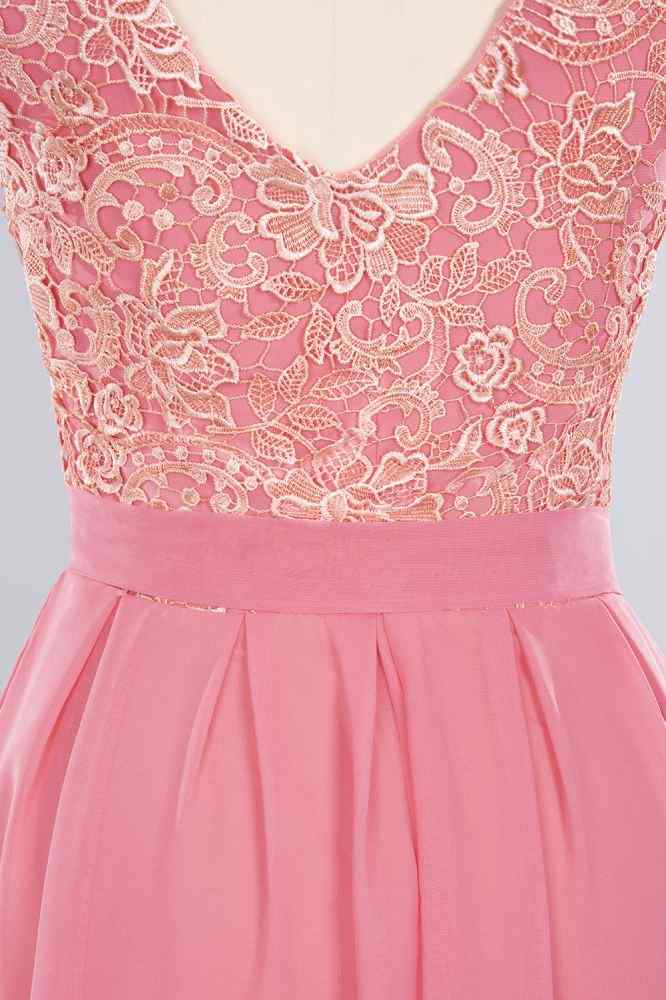 Pink A-line Sleeveless V Back Lace Chiffon Long Bridesmaid Dress