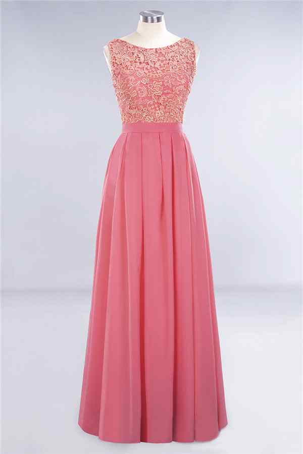 Pink A-line Sleeveless V Back Lace Chiffon Long Bridesmaid Dress