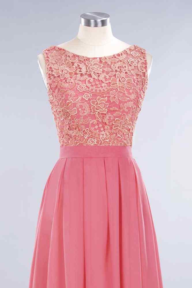 Pink A-line Sleeveless V Back Lace Chiffon Long Bridesmaid Dress