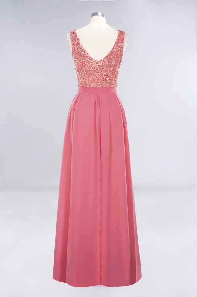 Pink A-line Sleeveless V Back Lace Chiffon Long Bridesmaid Dress