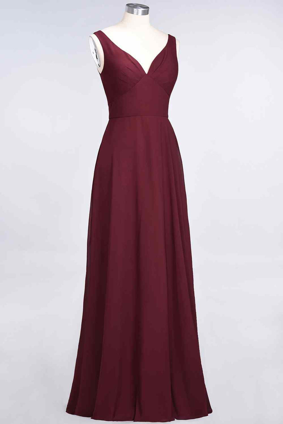 Burgundy A-line V Neck Cut-Out Back Chiffon Long Bridesmaid Dress