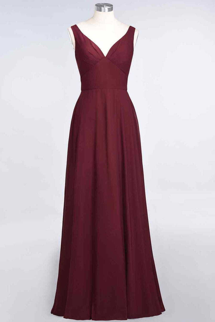 Burgundy A-line V Neck Cut-Out Back Chiffon Long Bridesmaid Dress