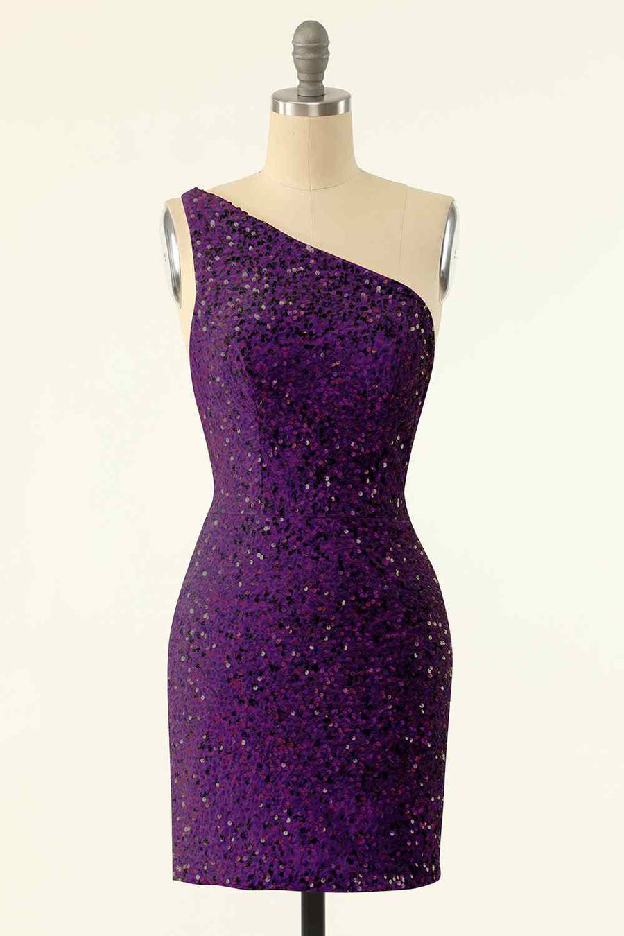 Grape Sheath One Shoulder Sequins Strap Back Mini Homecoming Dress