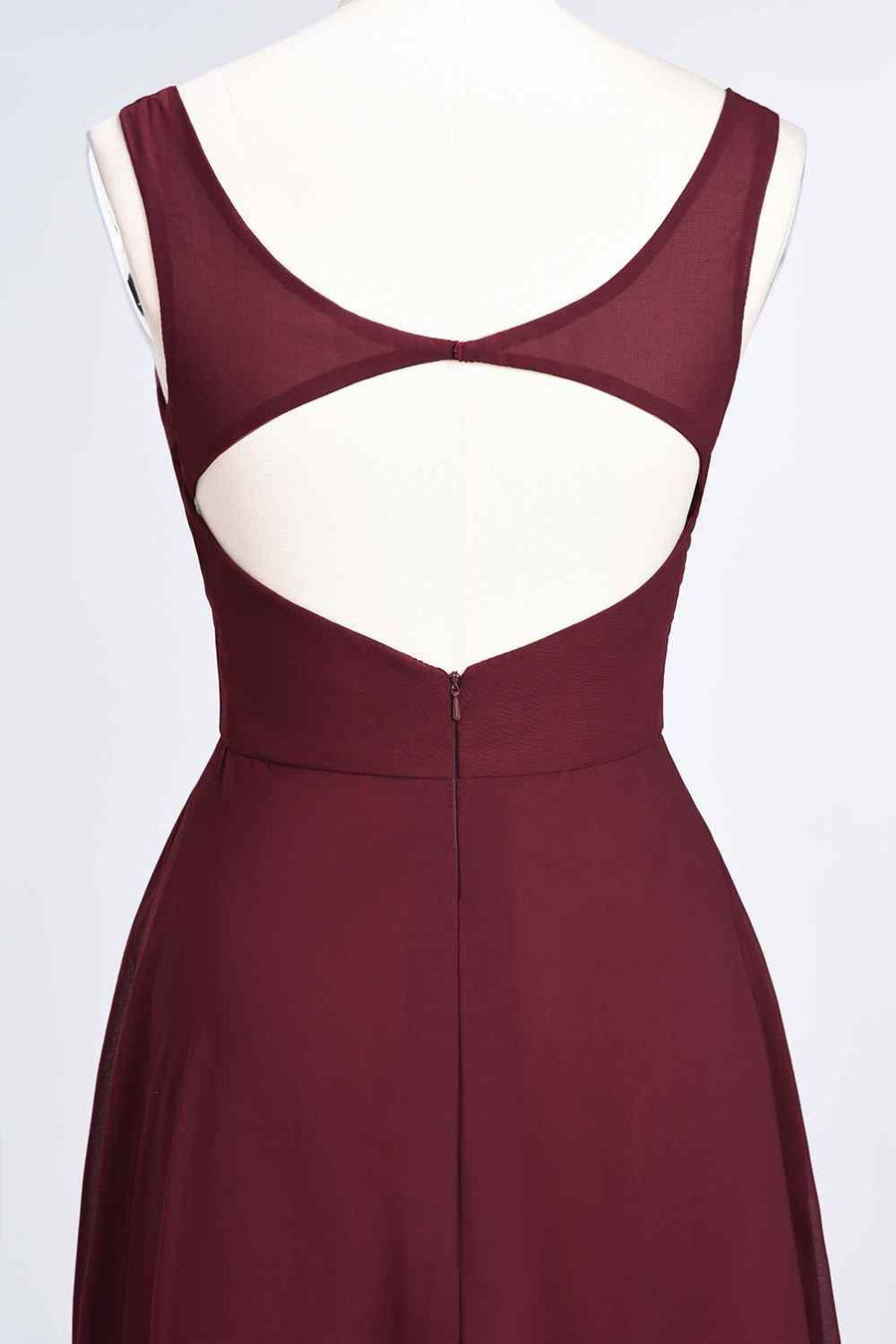 Burgundy A-line V Neck Cut-Out Back Chiffon Long Bridesmaid Dress