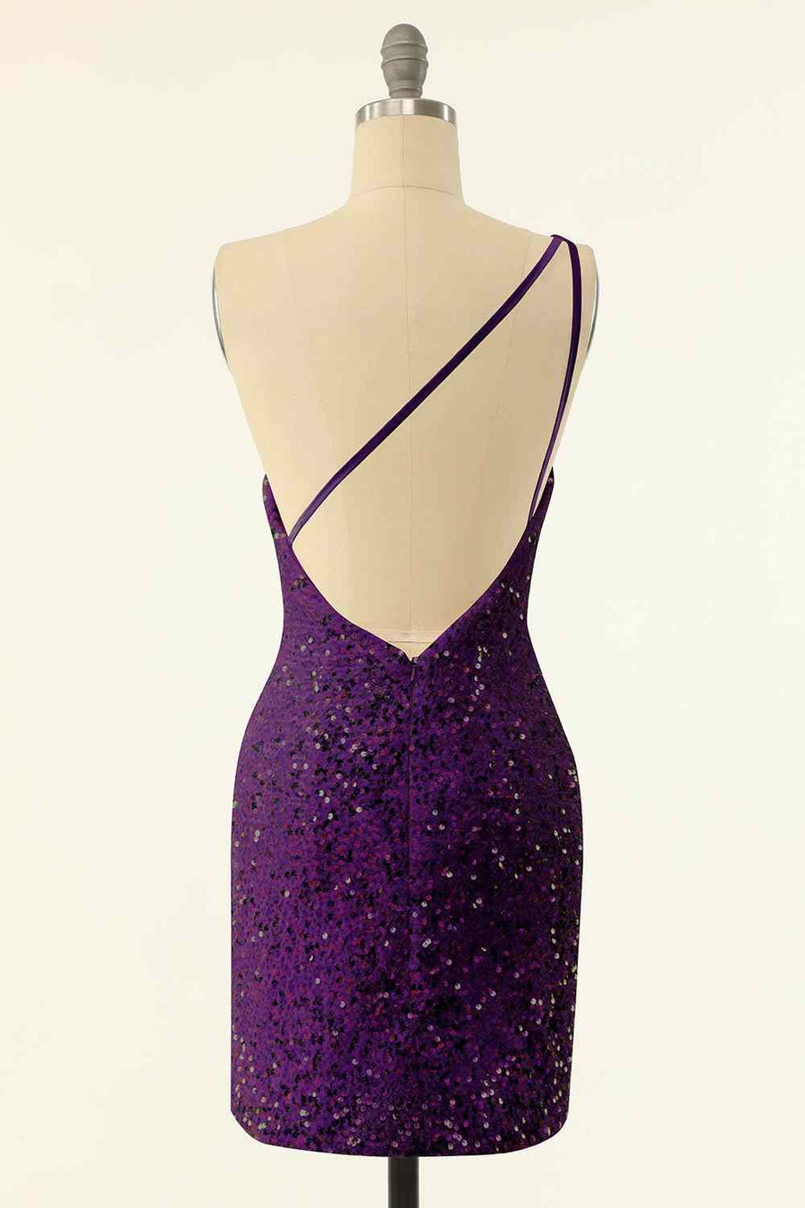 Grape Sheath One Shoulder Sequins Strap Back Mini Homecoming Dress