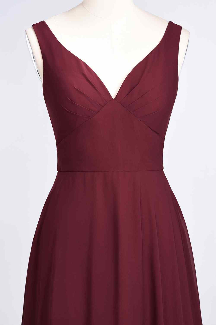 Burgundy A-line V Neck Cut-Out Back Chiffon Long Bridesmaid Dress