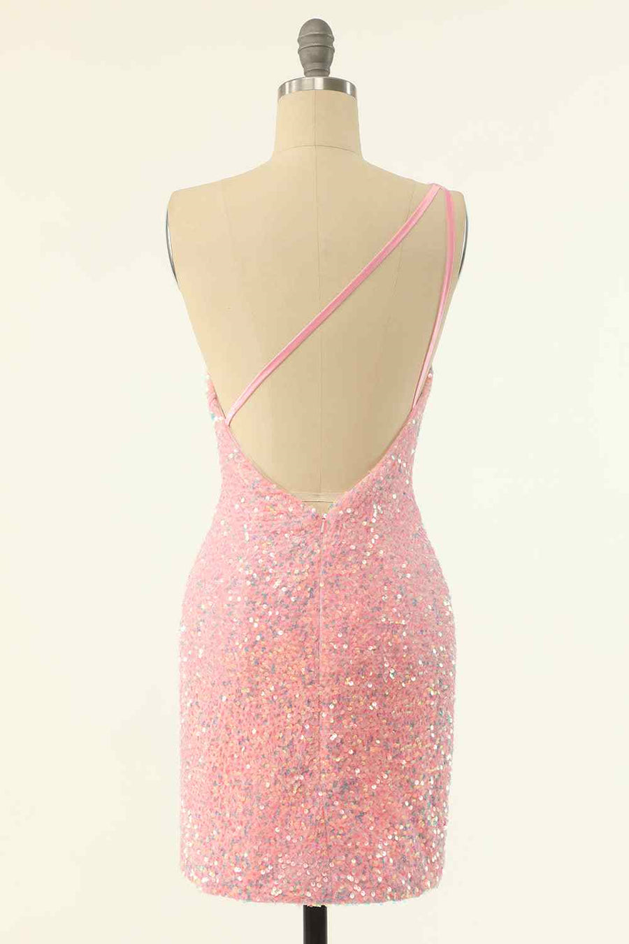 Pink Sheath One Shoulder Sequins Strap Back Mini Homecoming Dress