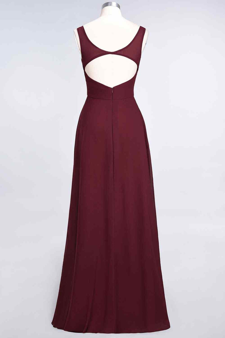 Burgundy A-line V Neck Cut-Out Back Chiffon Long Bridesmaid Dress