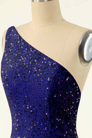 Royal Blue Sheath One Shoulder Sequins Strap Back Mini Homecoming Dress