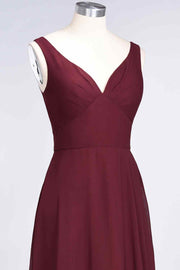 Burgundy A-line V Neck Cut-Out Back Chiffon Long Bridesmaid Dress