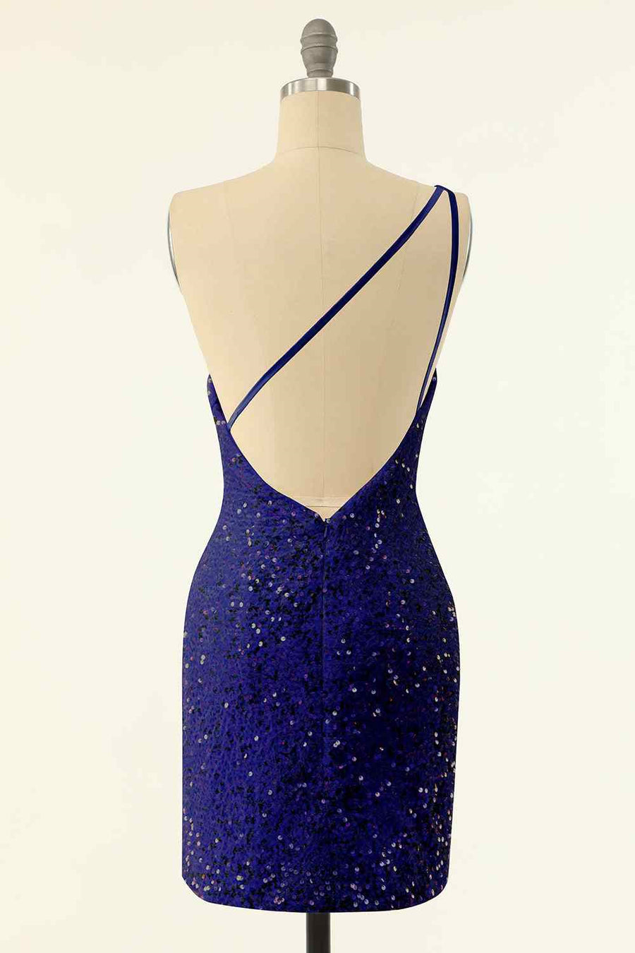 Royal Blue Sheath One Shoulder Sequins Strap Back Mini Homecoming Dress
