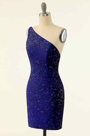 Royal Blue Sheath One Shoulder Sequins Strap Back Mini Homecoming Dress