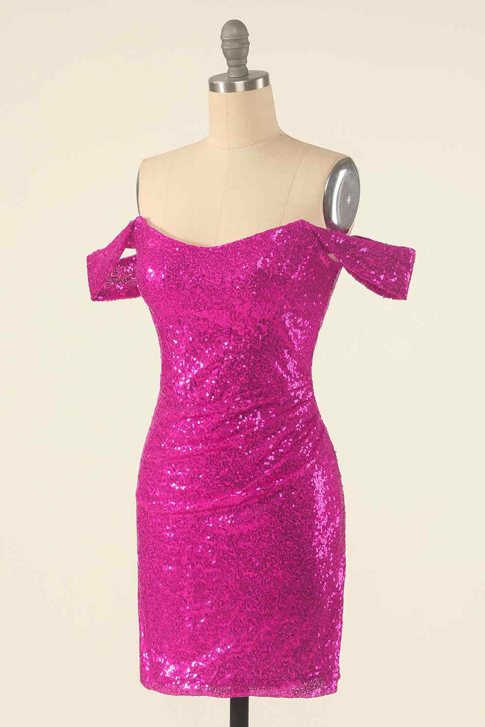 Fuchsia Sheath Off-the-Shoulder Pleated Sequins Mini Homecoming Dress