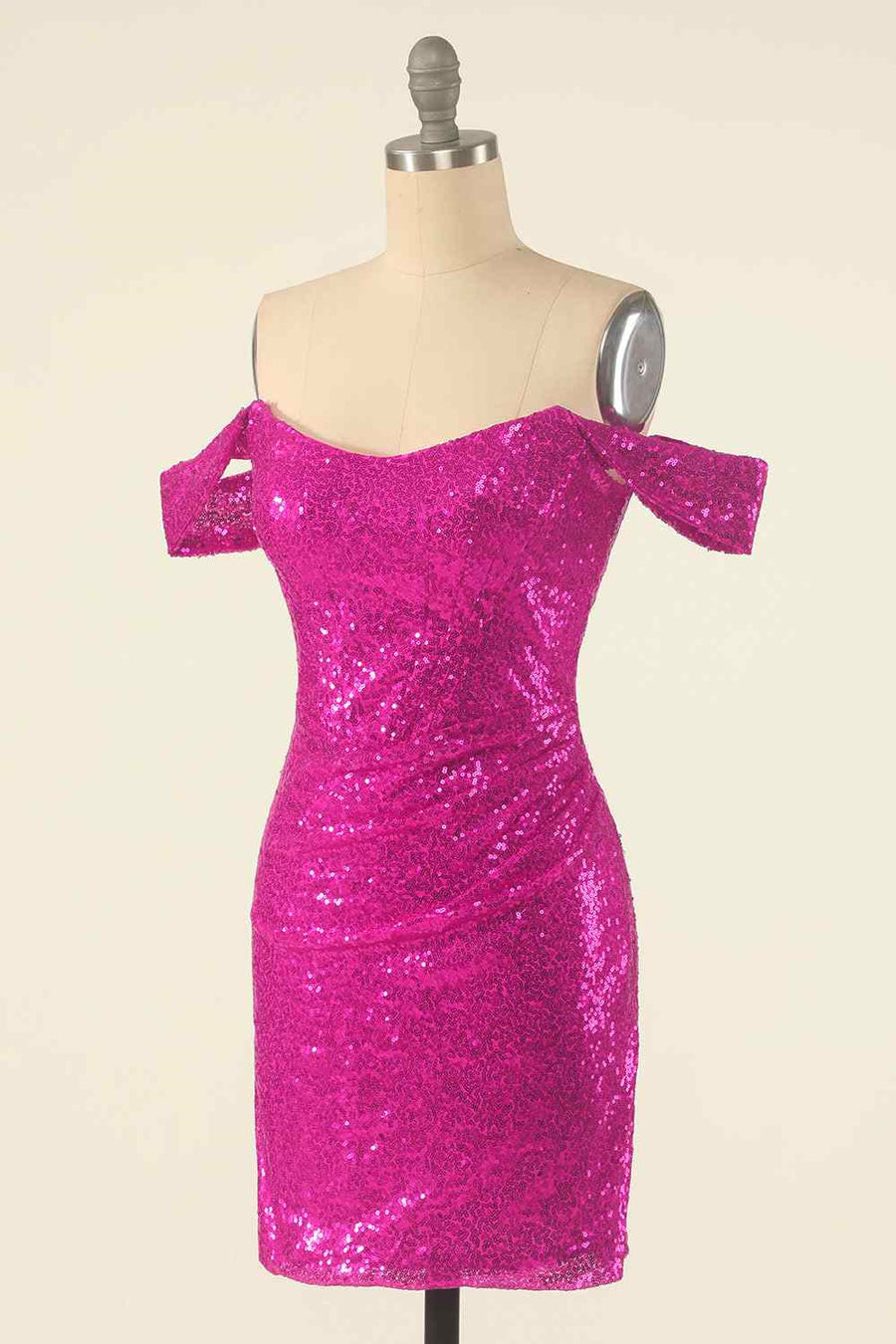 Fuchsia Sheath Off-the-Shoulder Pleated Sequins Mini Homecoming Dress