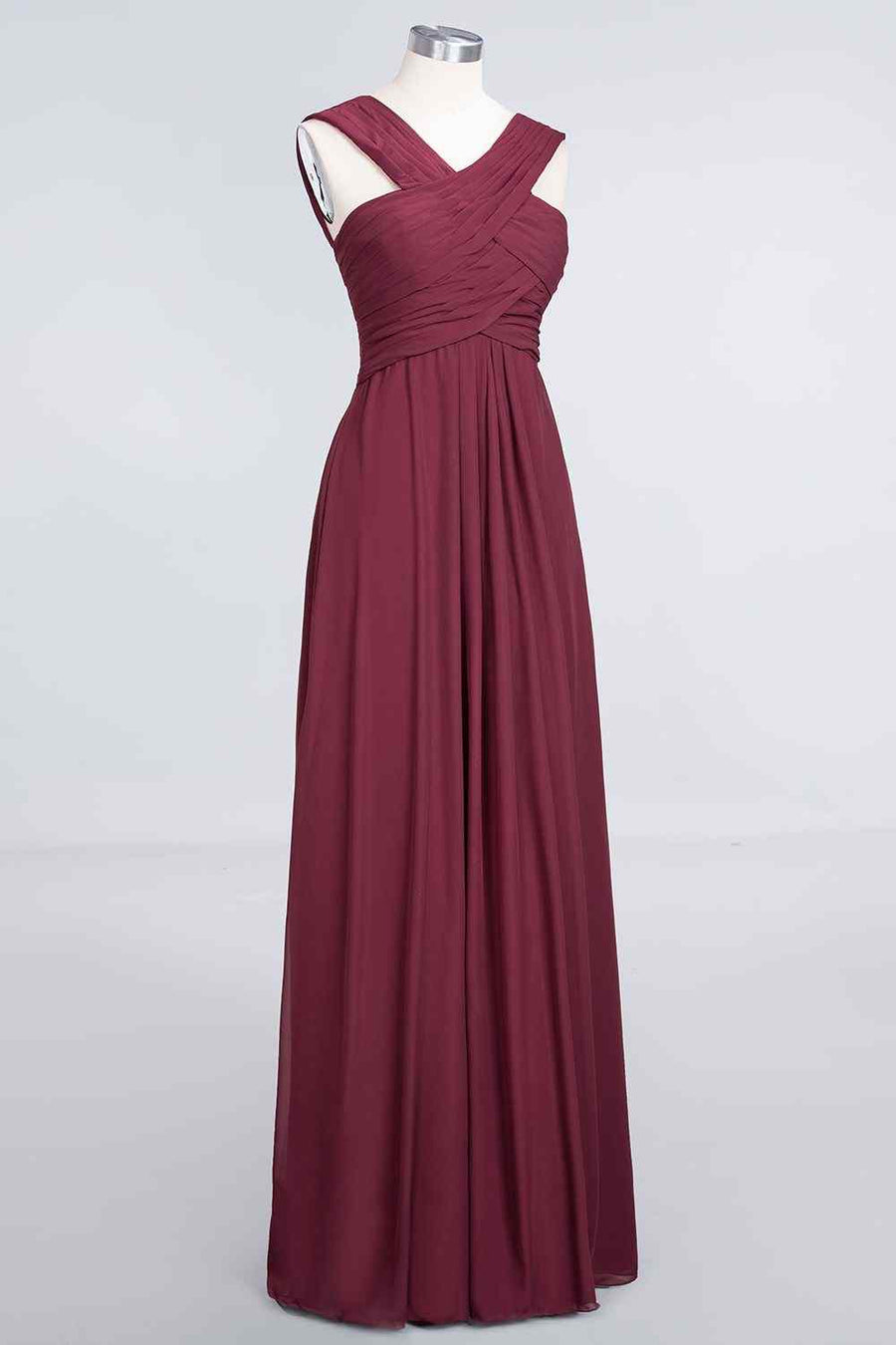 Burgundy A-line Halter Pleated Chiffon Long Bridesmaid Dress