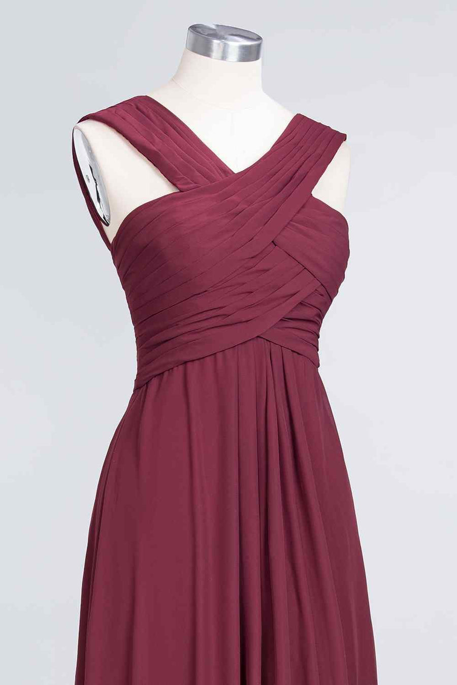 Burgundy A-line Halter Pleated Chiffon Long Bridesmaid Dress