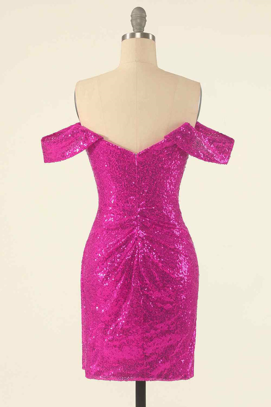Fuchsia Sheath Off-the-Shoulder Pleated Sequins Mini Homecoming Dress