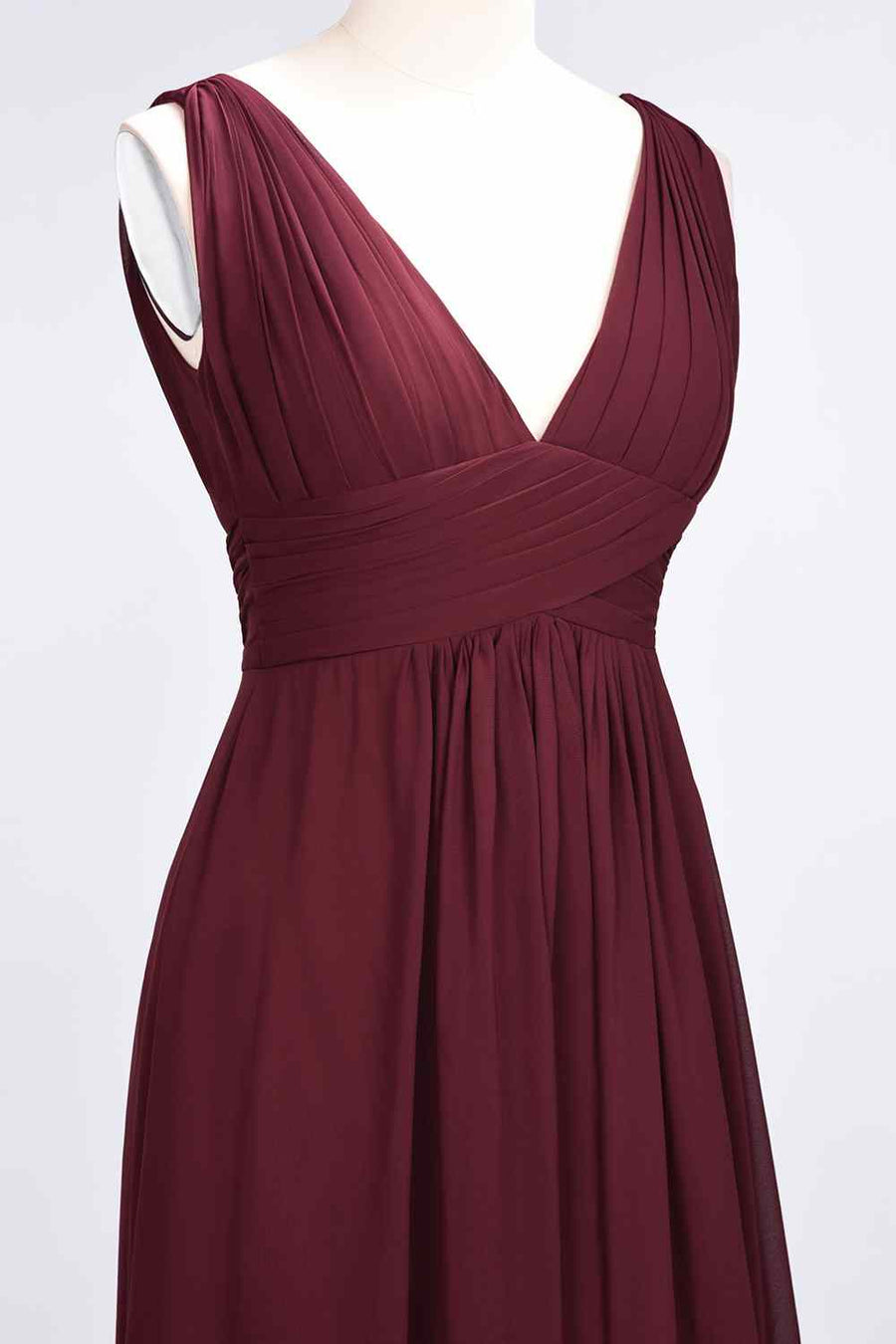 Burgundy A-line V Neck Sleeveless Pleated Chiffon Long Bridesmaid Dress