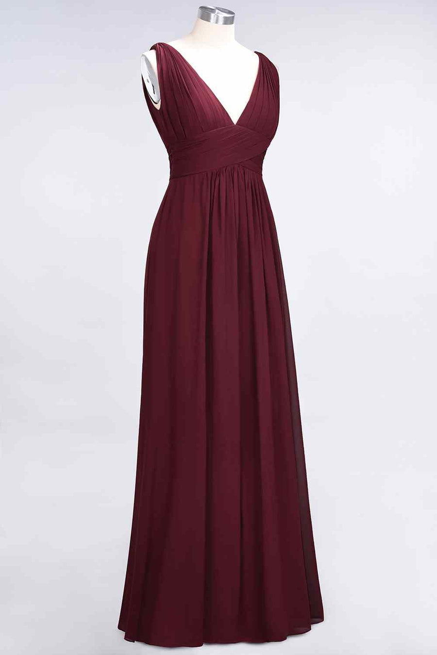 Burgundy A-line V Neck Sleeveless Pleated Chiffon Long Bridesmaid Dress