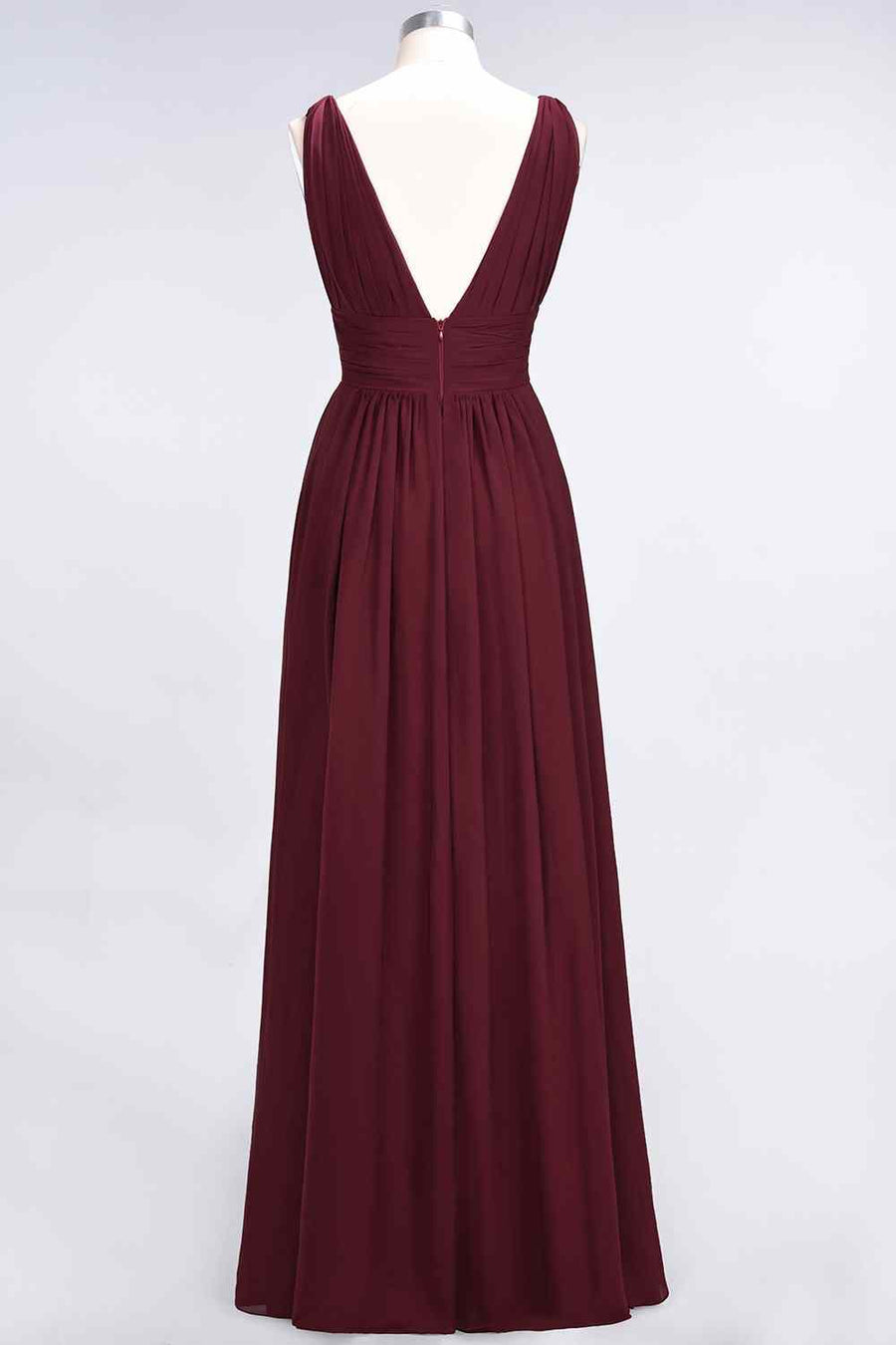 Burgundy A-line V Neck Sleeveless Pleated Chiffon Long Bridesmaid Dress