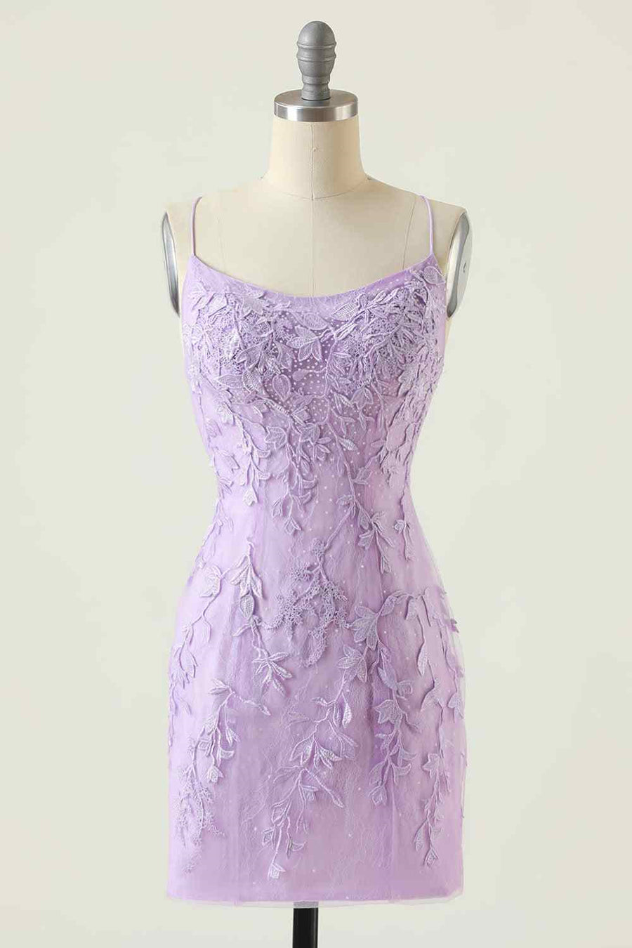 Lilac Sheath Scoop Neck Lace-up Back Applique Mini Homecoming Dress