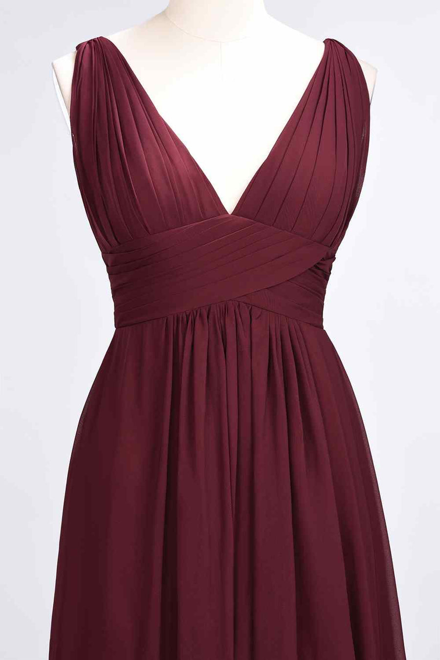 Burgundy A-line V Neck Sleeveless Pleated Chiffon Long Bridesmaid Dress