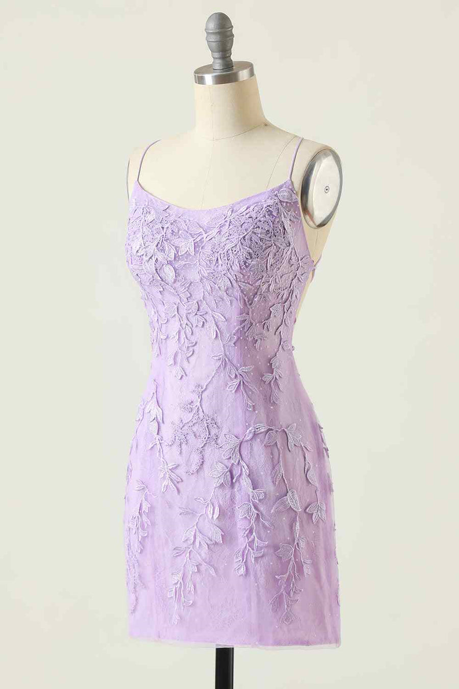 Lilac Sheath Scoop Neck Lace-up Back Applique Mini Homecoming Dress