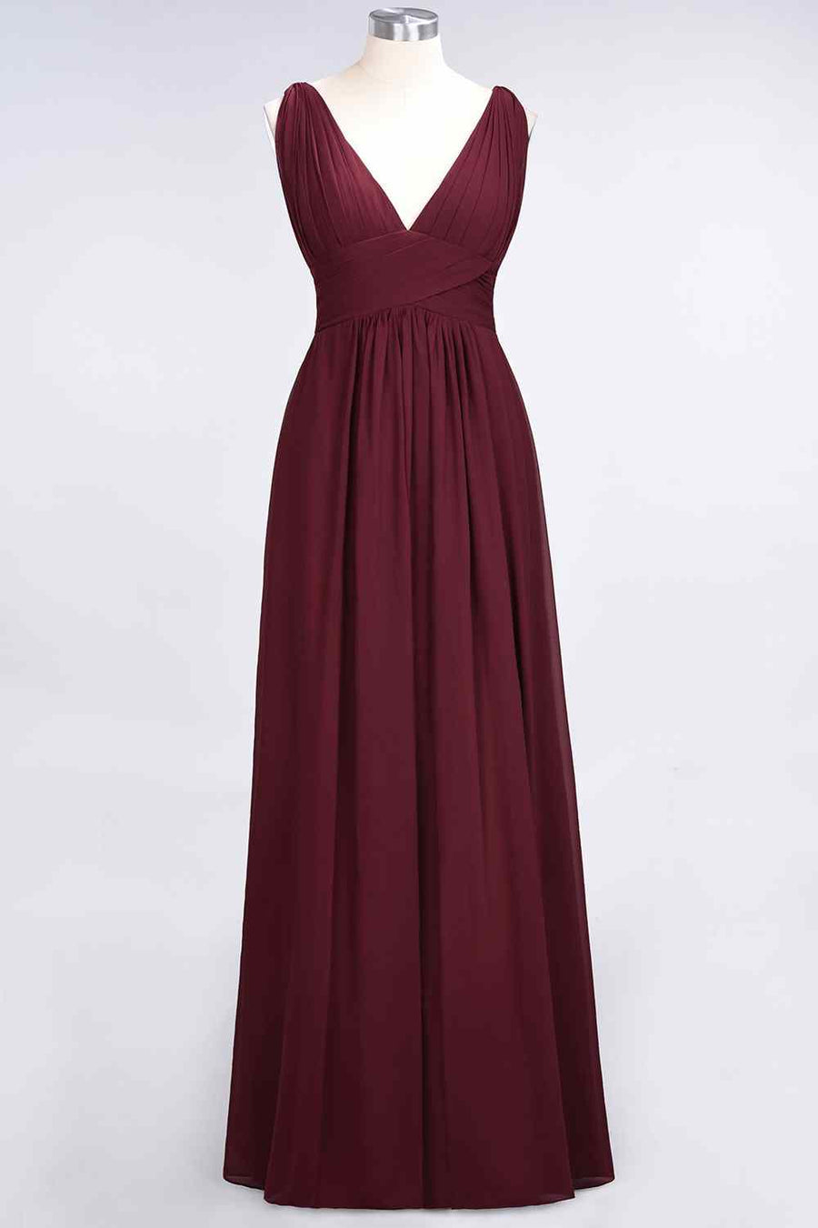 Burgundy A-line V Neck Sleeveless Pleated Chiffon Long Bridesmaid Dress