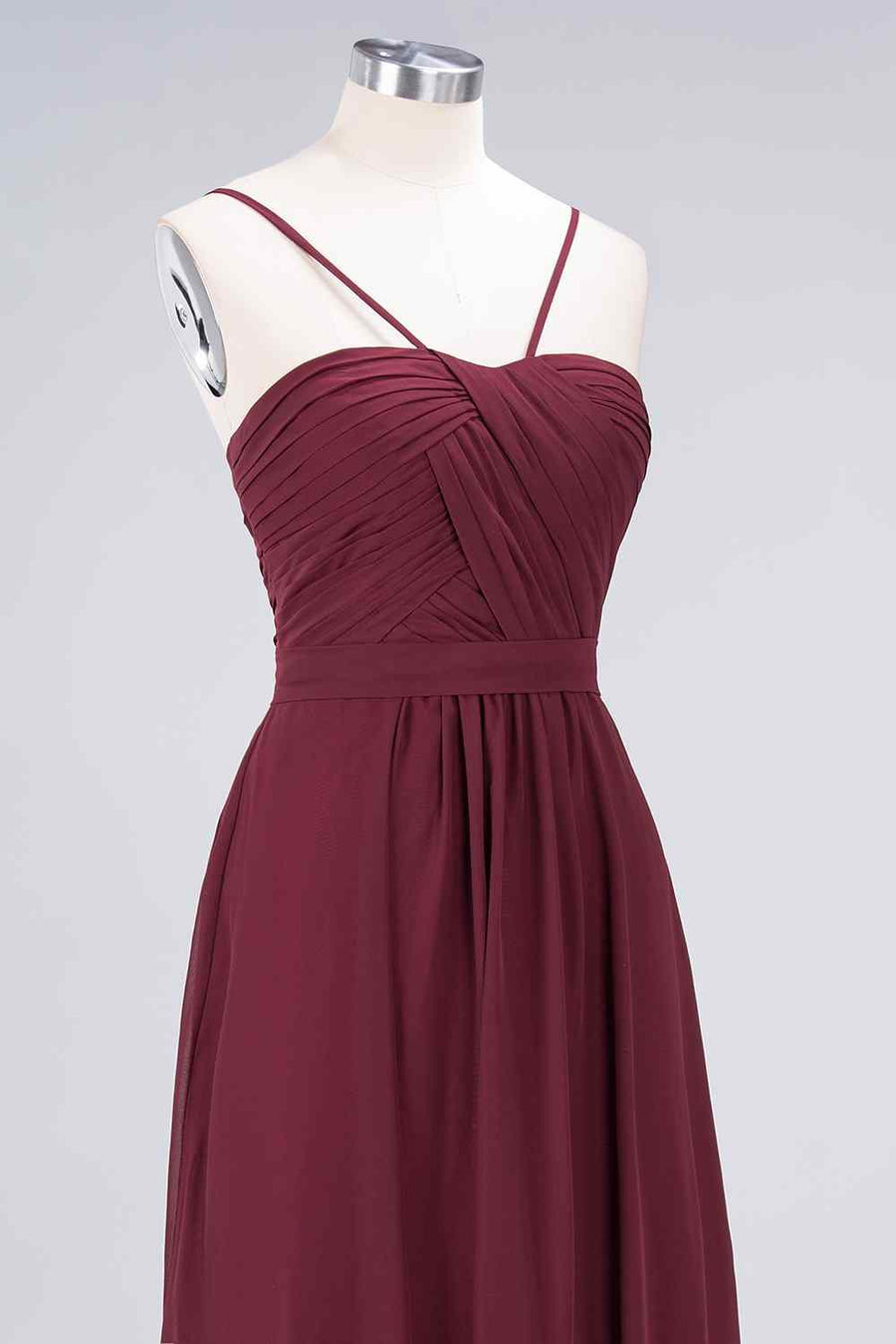 Burgundy A-line Spaghetti Straps Pleated Chiffon Long Bridesmaid Dress