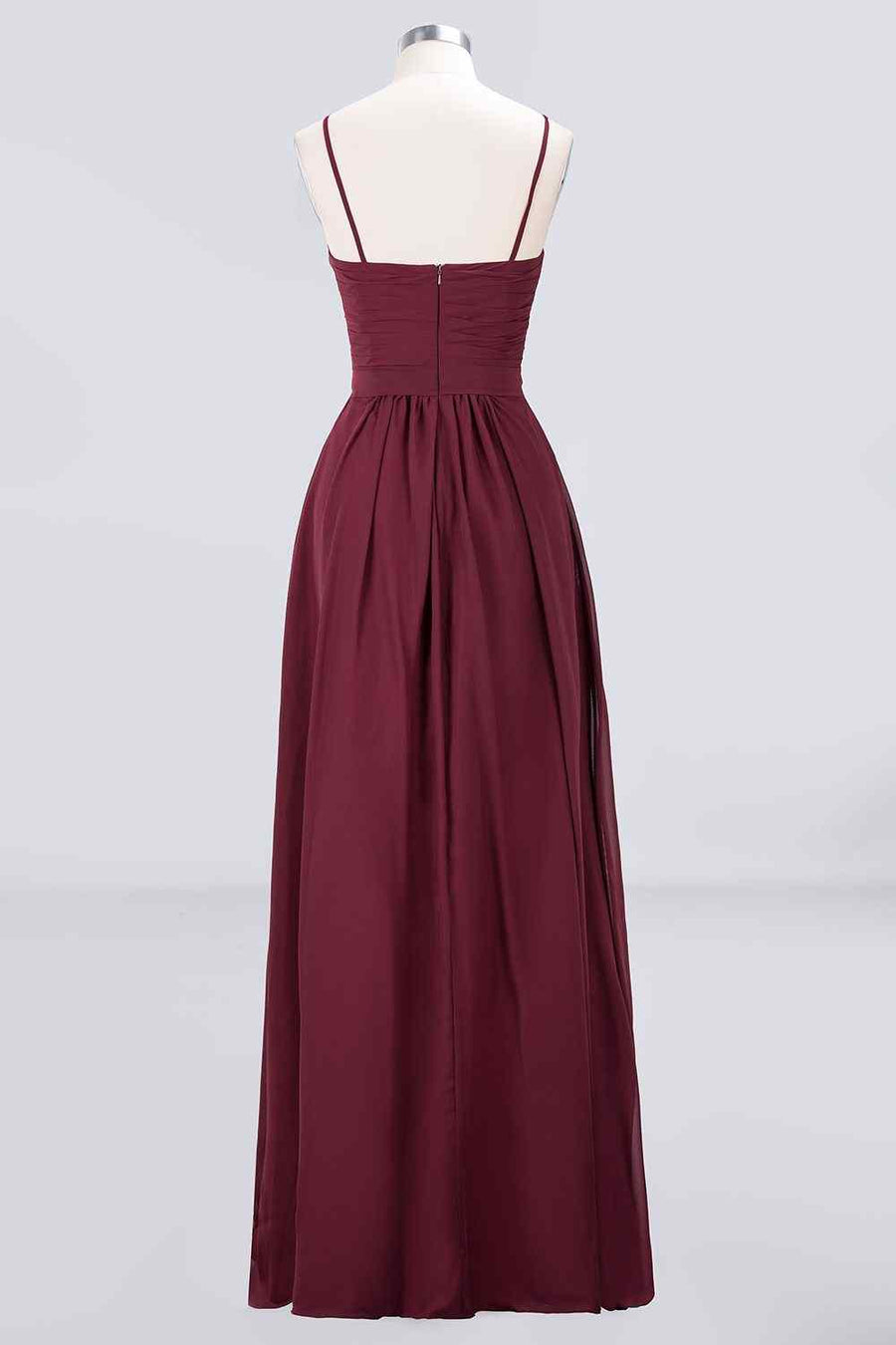 Burgundy A-line Spaghetti Straps Pleated Chiffon Long Bridesmaid Dress