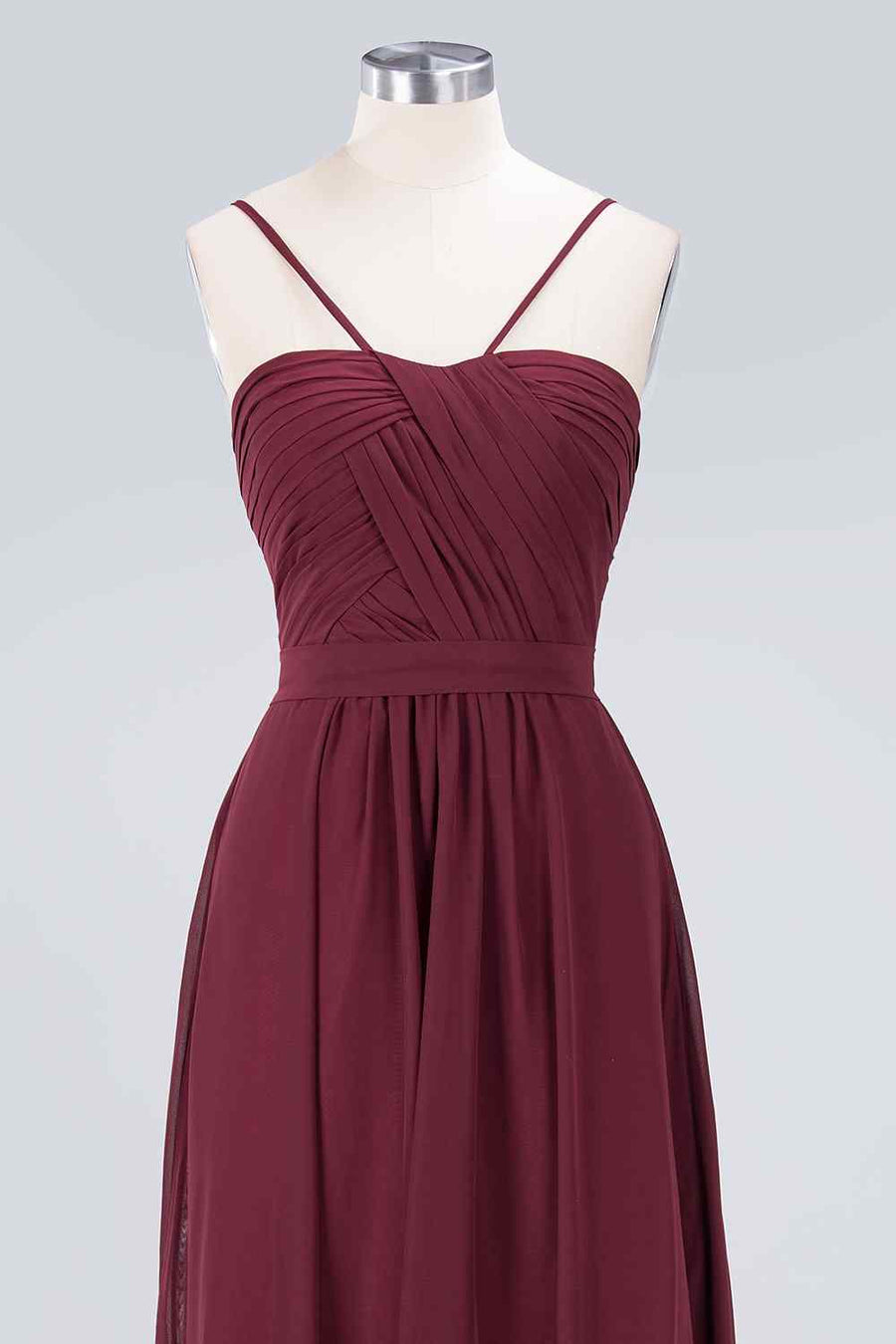 Burgundy A-line Spaghetti Straps Pleated Chiffon Long Bridesmaid Dress