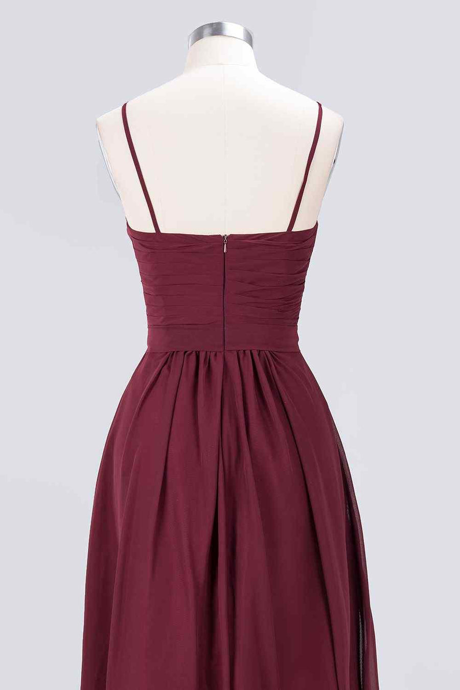 Burgundy A-line Spaghetti Straps Pleated Chiffon Long Bridesmaid Dress