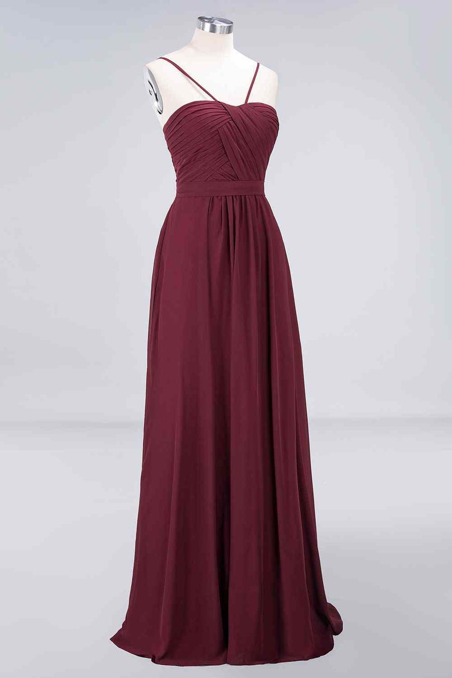 Burgundy A-line Spaghetti Straps Pleated Chiffon Long Bridesmaid Dress