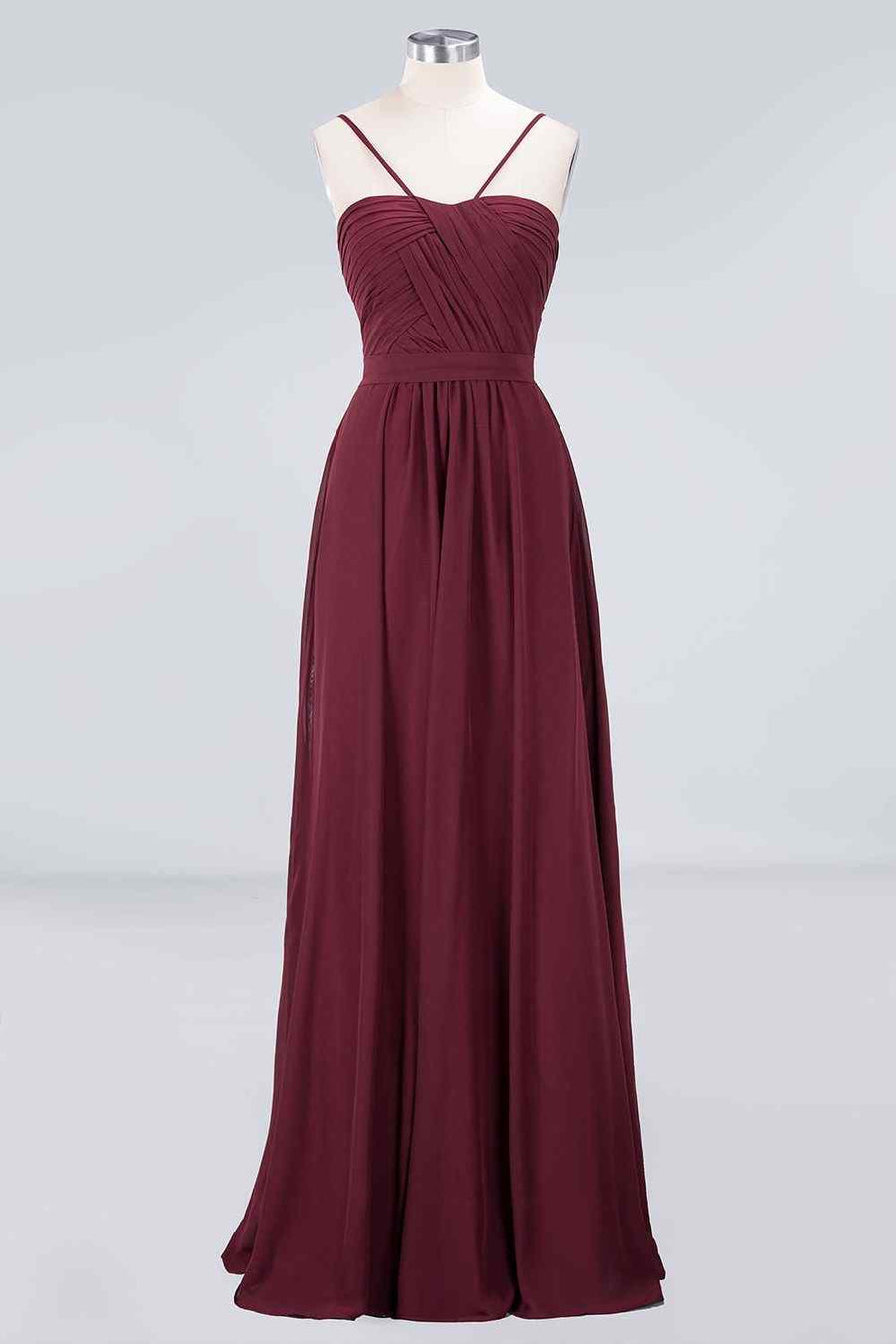Burgundy A-line Spaghetti Straps Pleated Chiffon Long Bridesmaid Dress