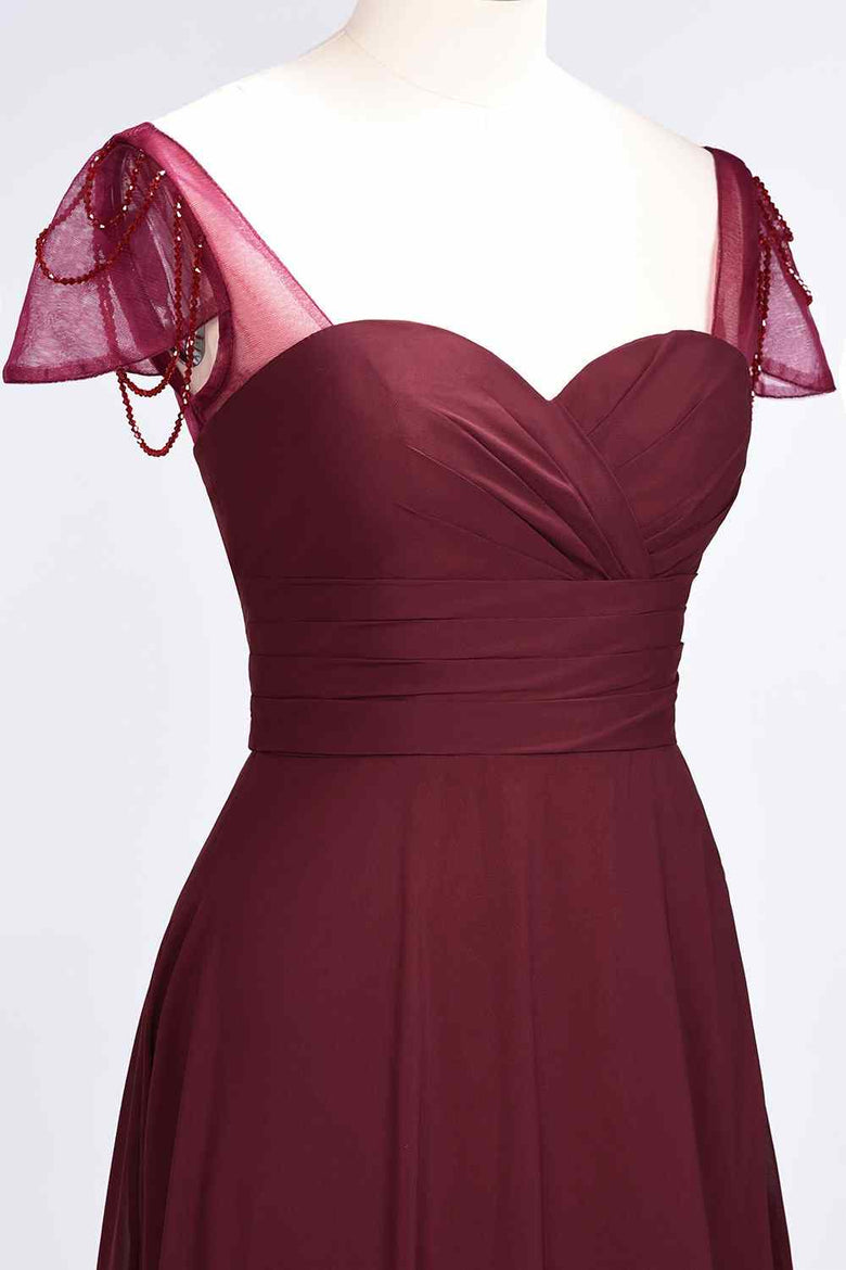 Illusion Neck Long Chiffon Dresses with Beaded Burgundy Plus Size