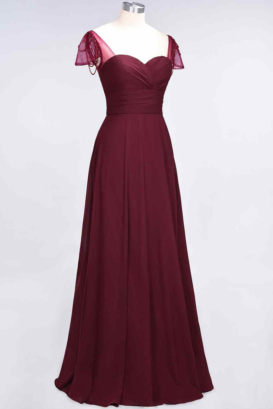 Burgundy A-line Illusion Sleeves Pleated Chiffon Long Bridesmaid Dress