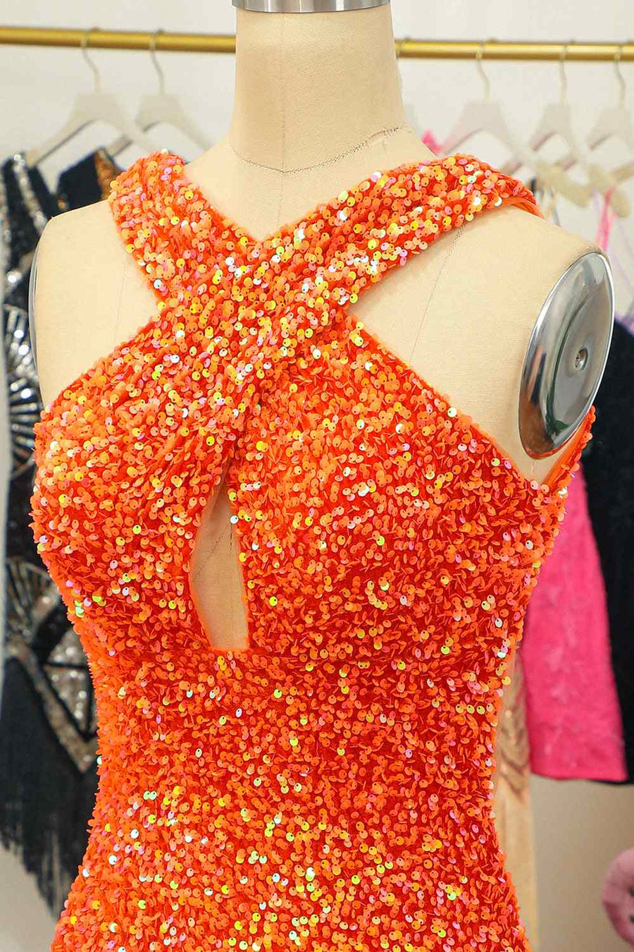 Orange Sheath Halter Sequins Cut-Out Mini Homecoming Dress