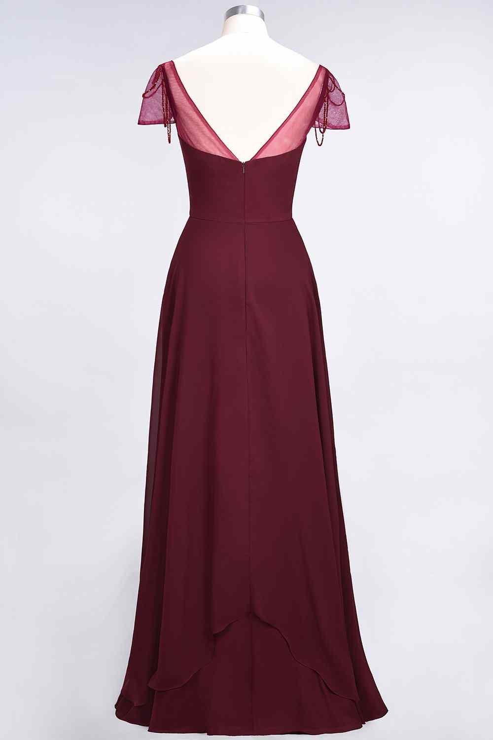 Burgundy A-line Illusion Sleeves Pleated Chiffon Long Bridesmaid Dress