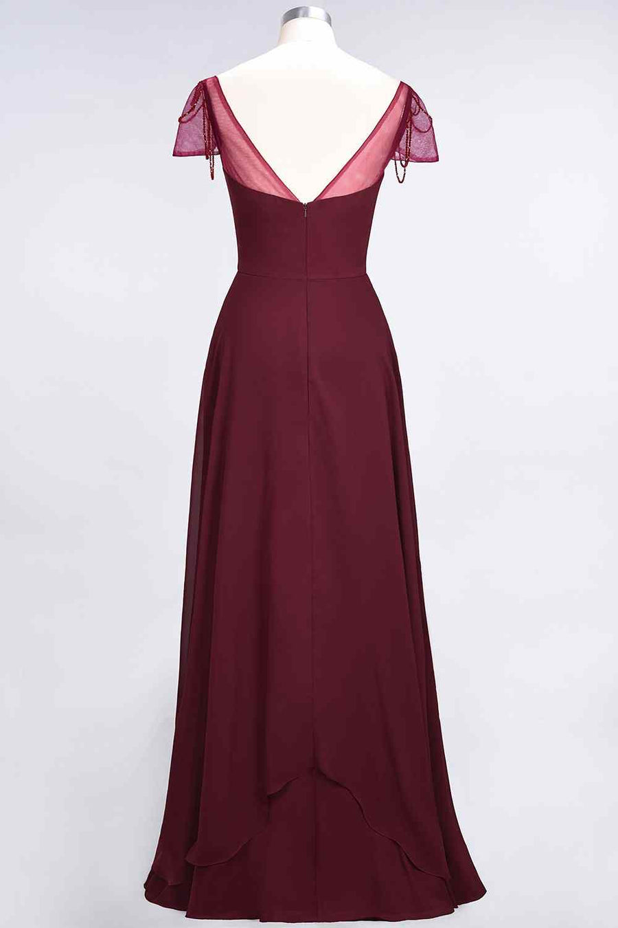 Burgundy A-line Illusion Sleeves Pleated Chiffon Long Bridesmaid Dress Burgundy / US 4 Burgundy A-line Illusion Sleeves Pleated Chiffon Long Bridesmaid Dress Burgundy / US 4