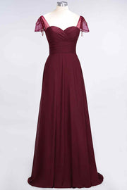 Burgundy A-line Illusion Sleeves Pleated Chiffon Long Bridesmaid Dress