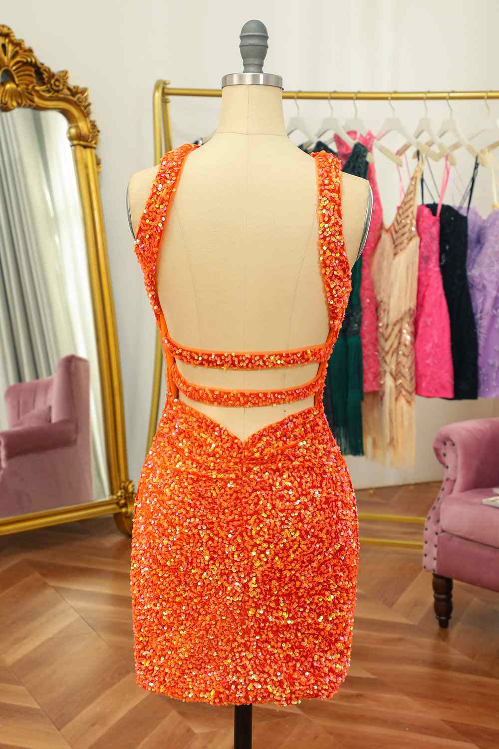Orange Sheath Halter Sequins Cut-Out Mini Homecoming Dress